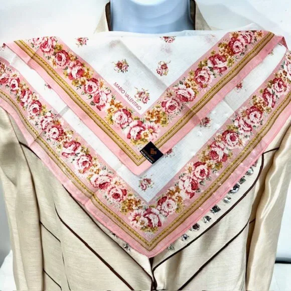 New  Set of 2 Handkerchief/Mini Scarfs Valentino, cotton 18" red pink floral(25) - Picture 9 of 10